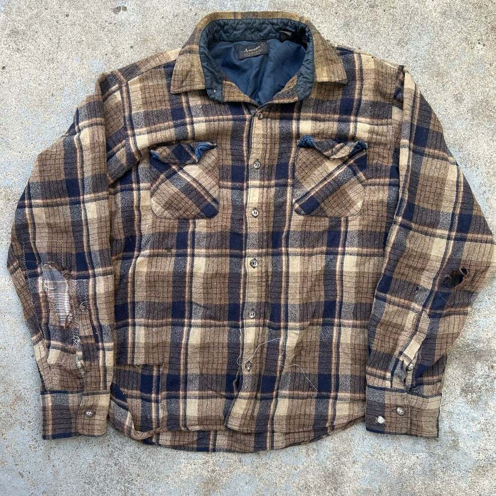 Vintage 80s Aarons Wool Plaid flannel Shirt Distressed
